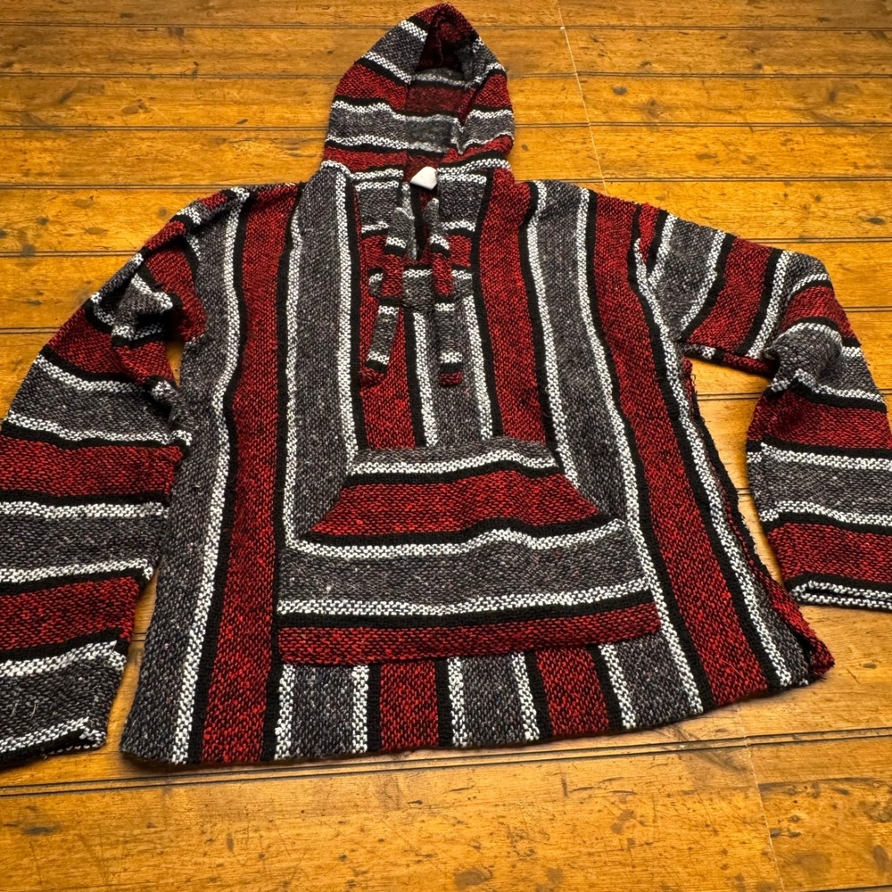 Earthbound Trading Co‎ Baja Hoodie Pullover Striped Red Grey White Black Size M